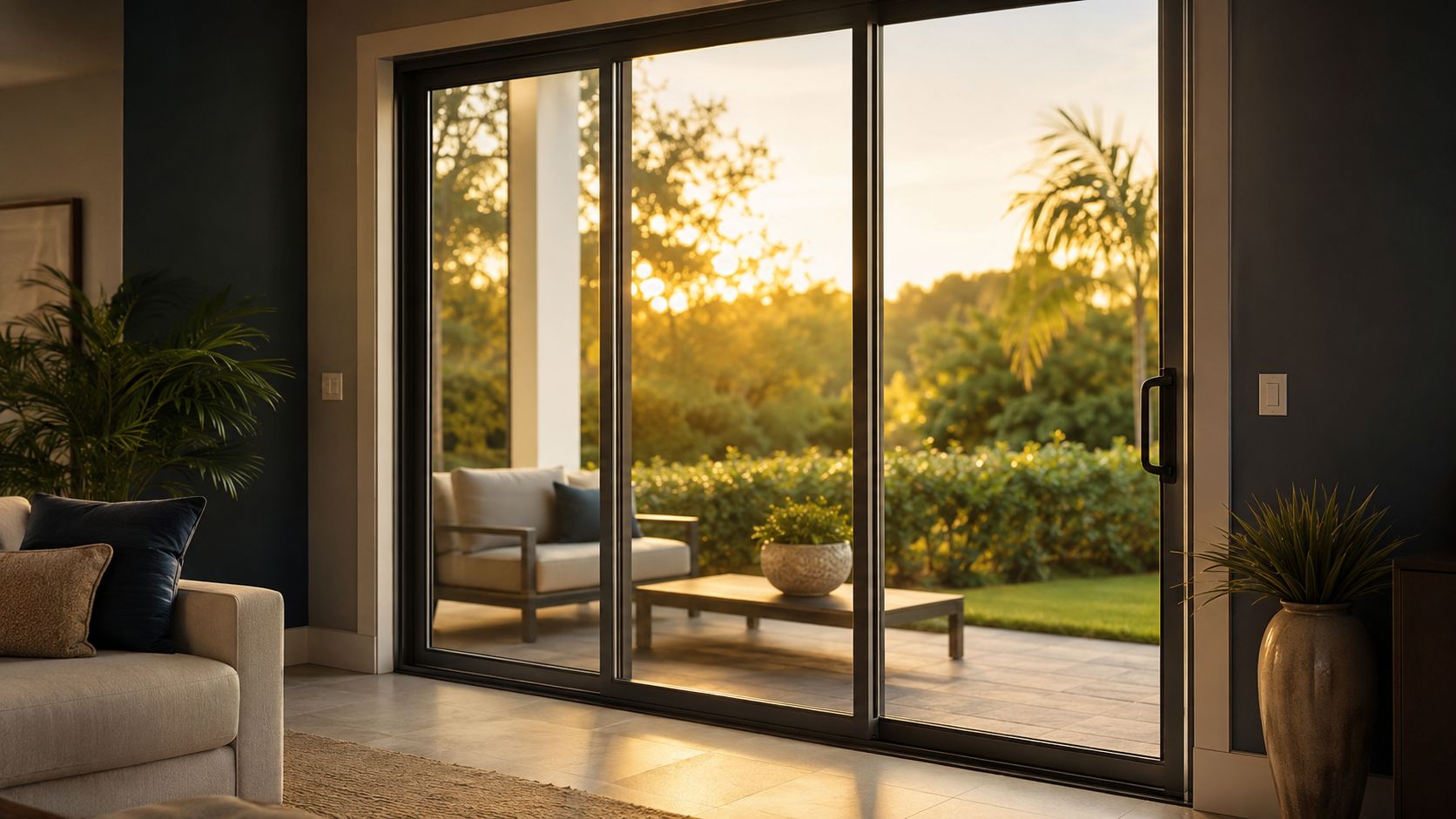 Sunlit sliding patio door in a modern North Lauderdale living room